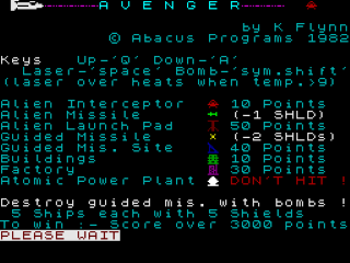 Avenger title screen for ZX Spectrum